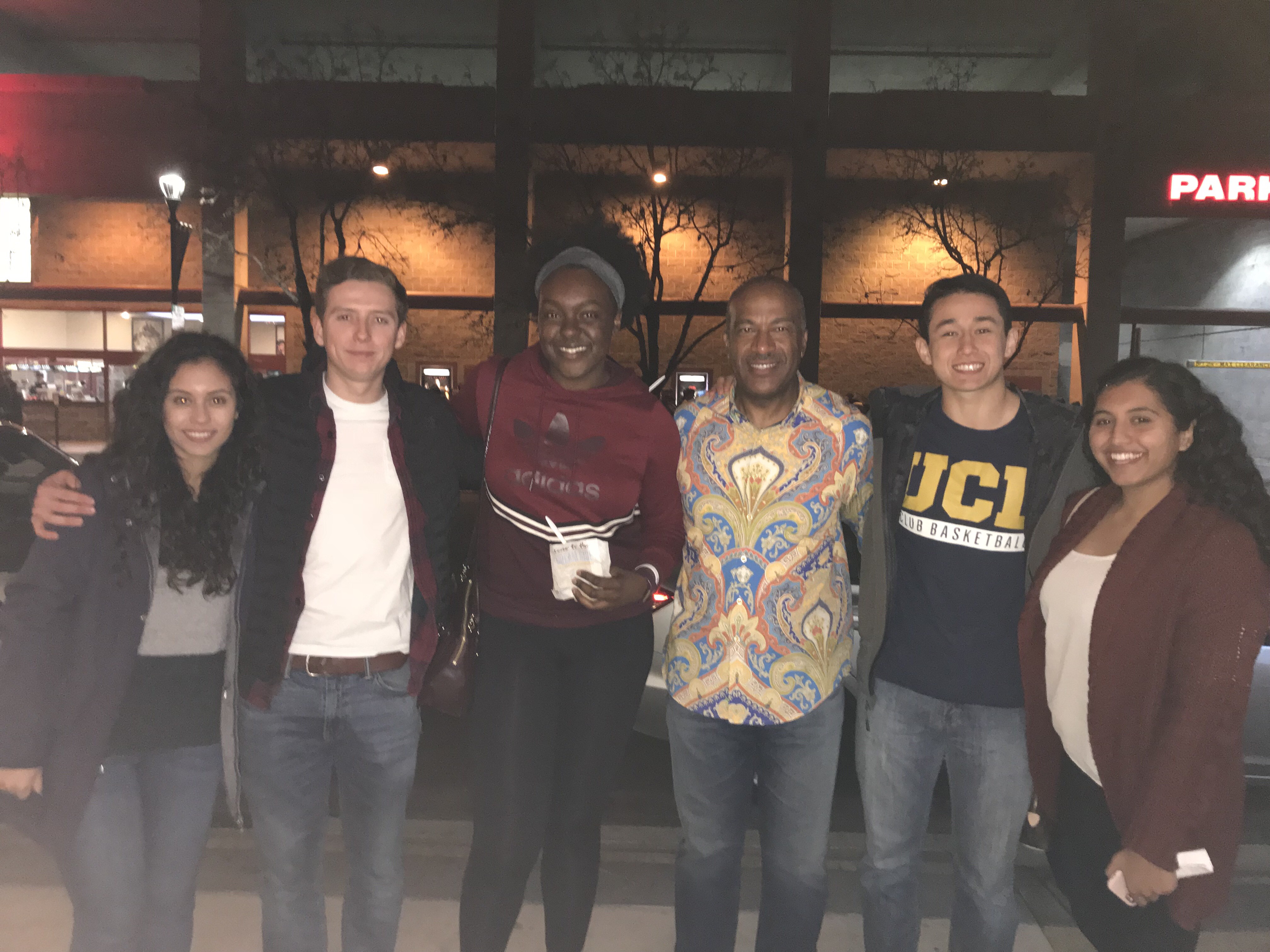 Five members of UC Davis Chancellor Gary May’s Undergraduate Advisory Board join the chancellor, third from right, for a recent movie outing and ice cream afterward.