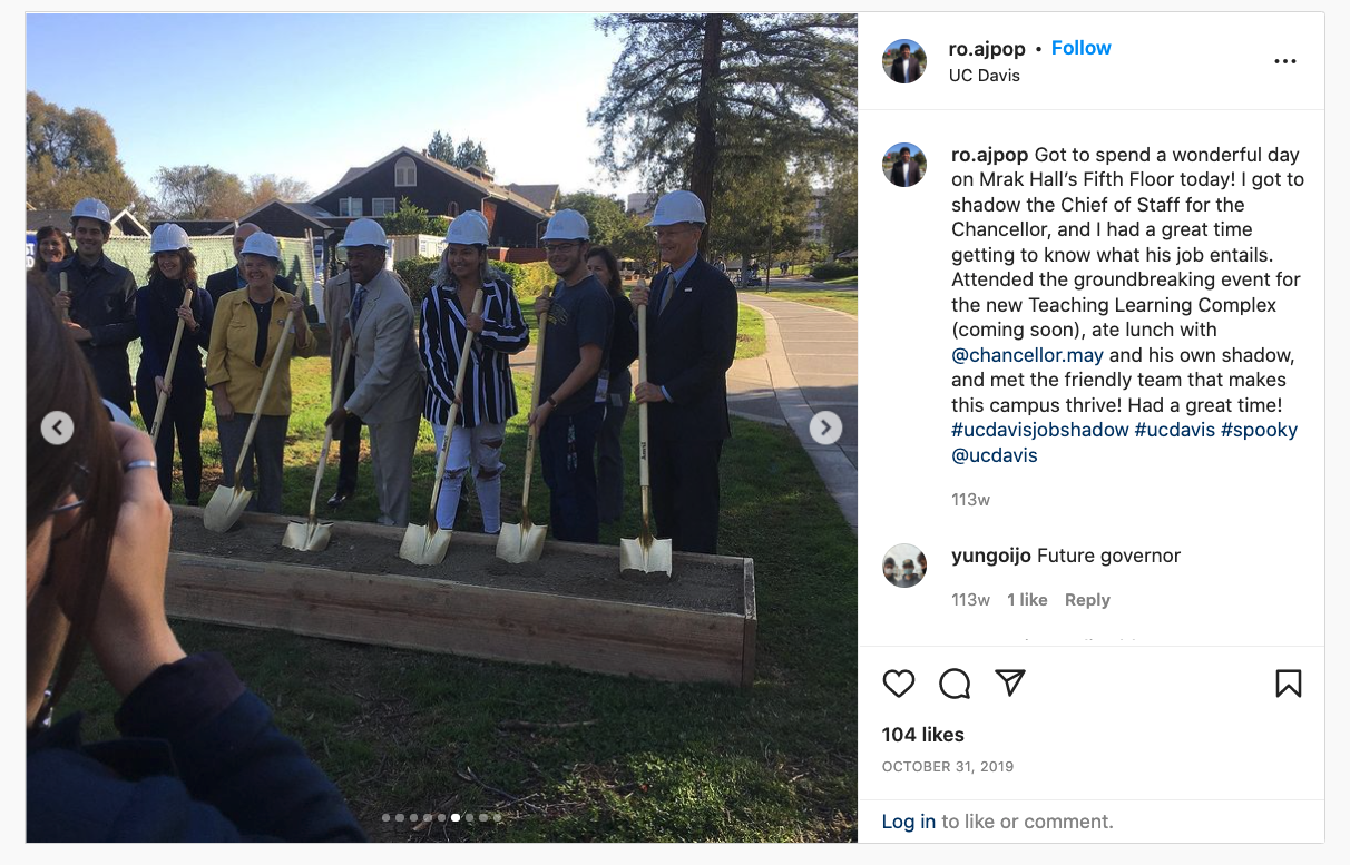 An Instagram post shows a group of people with shovels