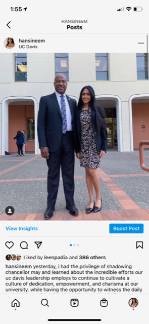 An instagram post with Chancellor Gary May and student Hansinee Mayani