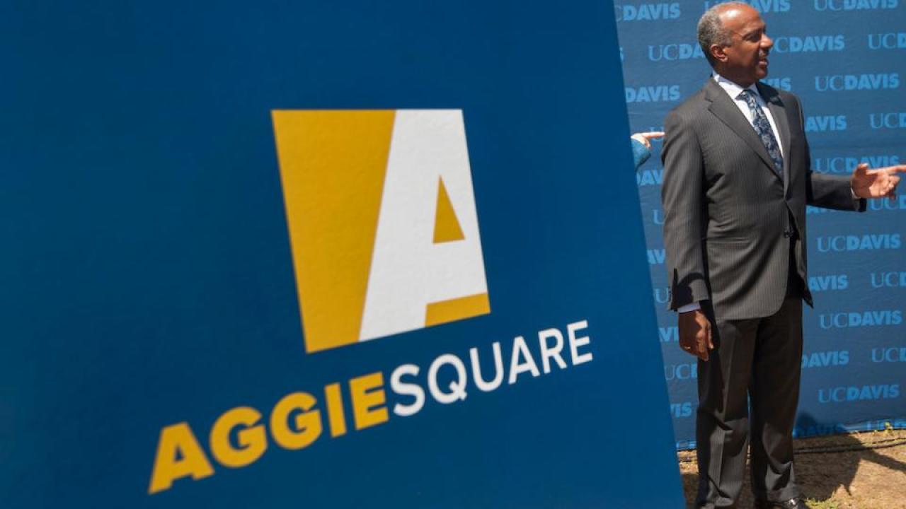 Chancellor Gary S. May at the Aggie Square announcement in April 2018