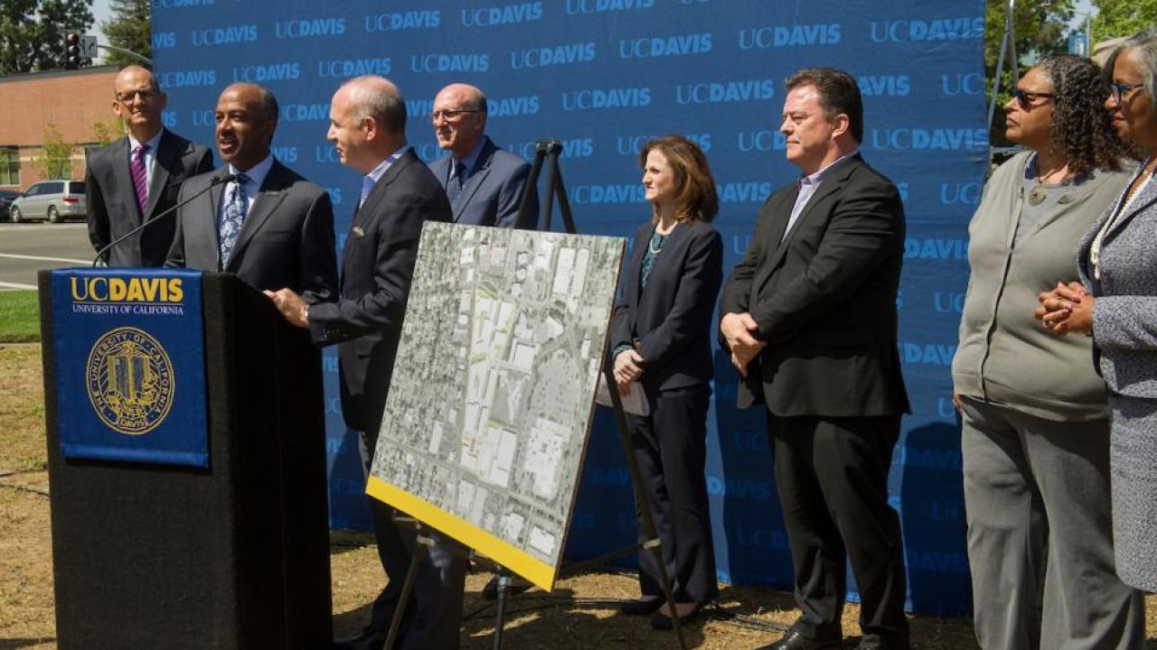 Chancellor Gary S. May, Mayor Darrell Steinberg, Assemblymember Kevin McCarty, and city and community leaders announce the location of Aggie Square on April 12. (Karin Higgins/UC Davis)
