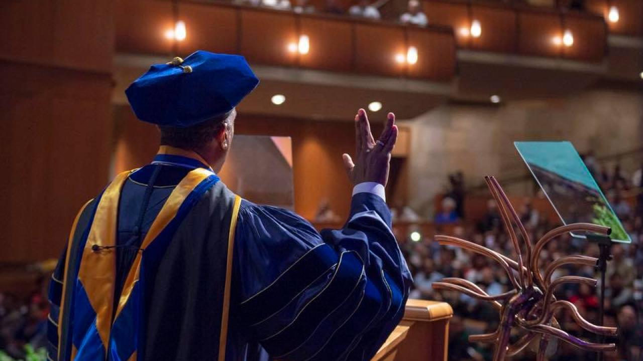 Chancellor May ends his commencement speech with Live Long and Prosper!