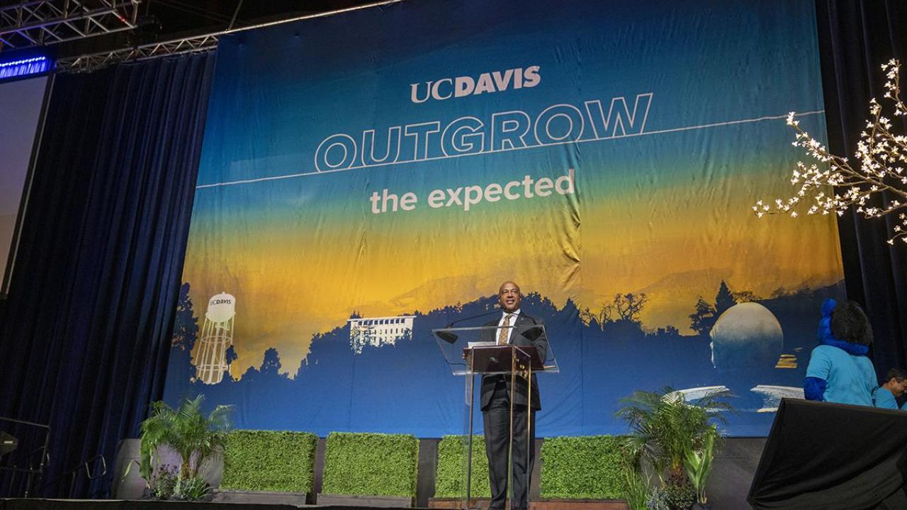 Chancellor Gary S. May addresses the audience at 2020 Kickoff Chancellor Gary S. May
