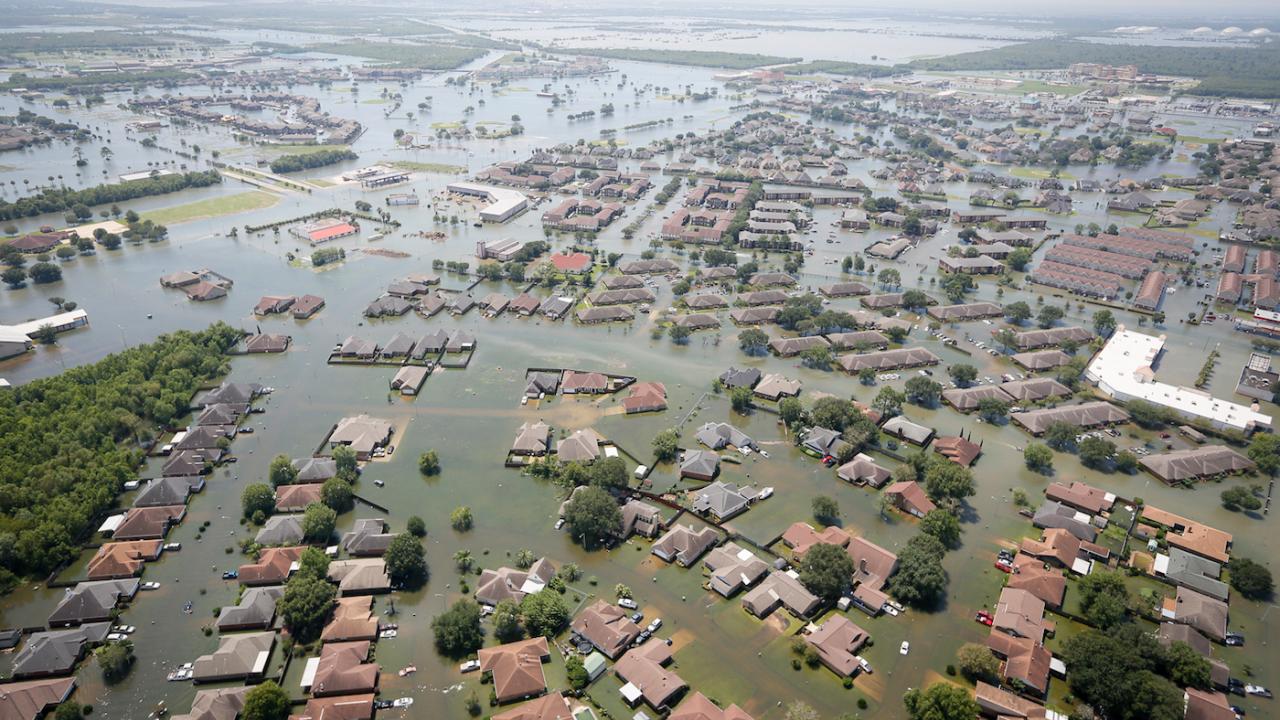 An ariel photo of Houston Texas flooded during Hurricane Harvey