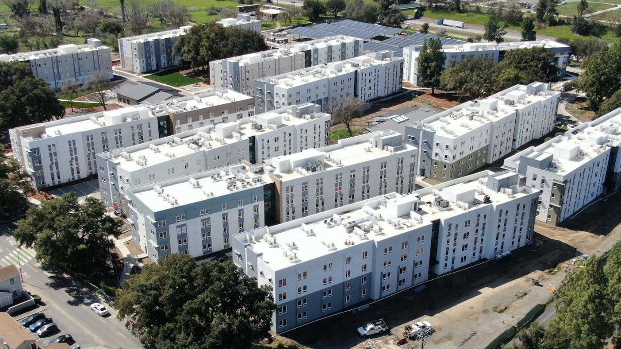 Aerial photo of Orchard Park on-campus housing buildings