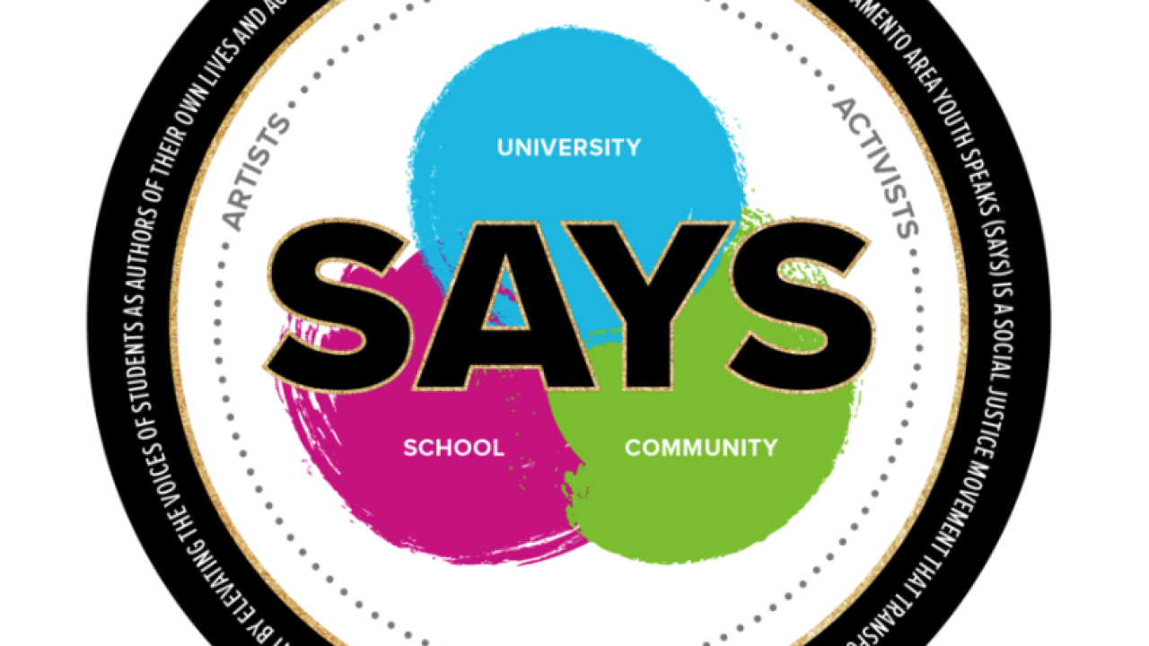 SAYS program logo: school, university, community; academics, artists, activists