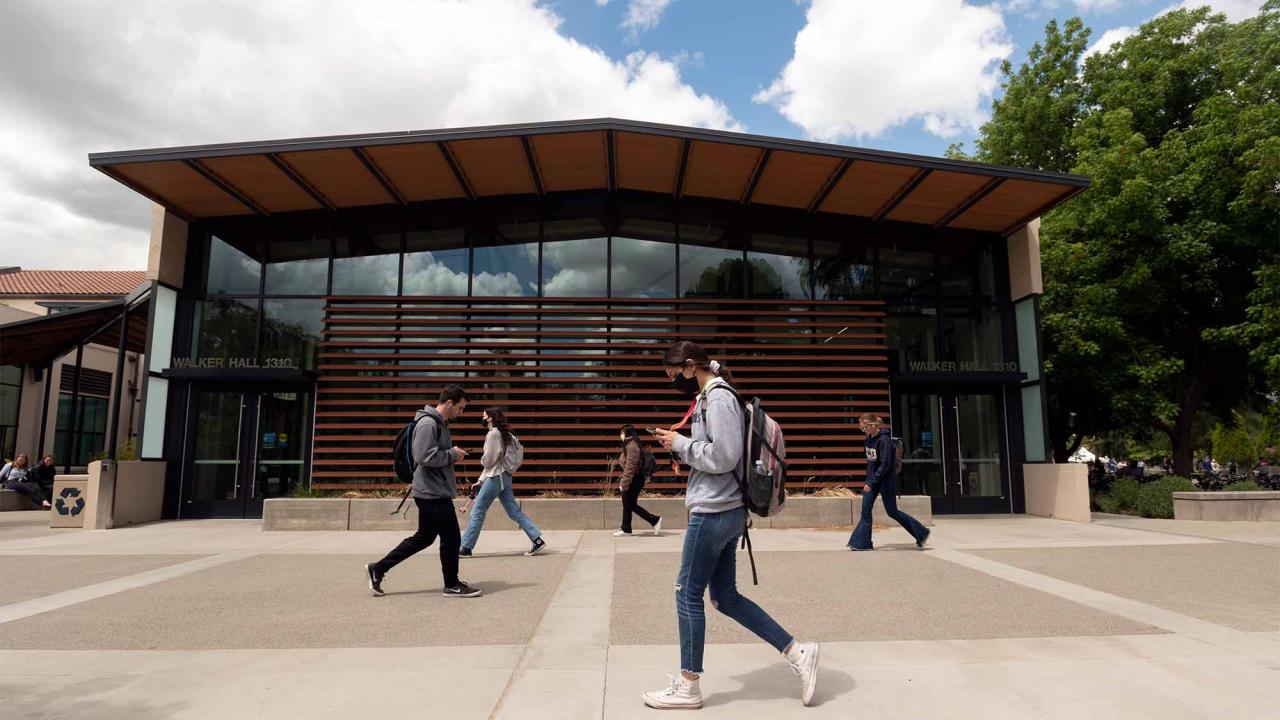 People walking in front of Walker Hall.