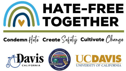 Hate-Free Together logo with logos for city of Davis, Yolo County and UC Davis