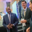 Chancellor Gary S. May standing next to journalist Dan Brown ’92 and San Francisco Mayor London Breed ’97 in August.