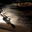Student rides bicycle on campus after the rain in the sun