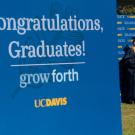 Sign that says "Congratulations, Graduates. Grow forth. UC Davis" Students in the background in caps and gowns.
