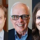 Three headshots of smiling individuals: a man, a man with glasses, and a woman.